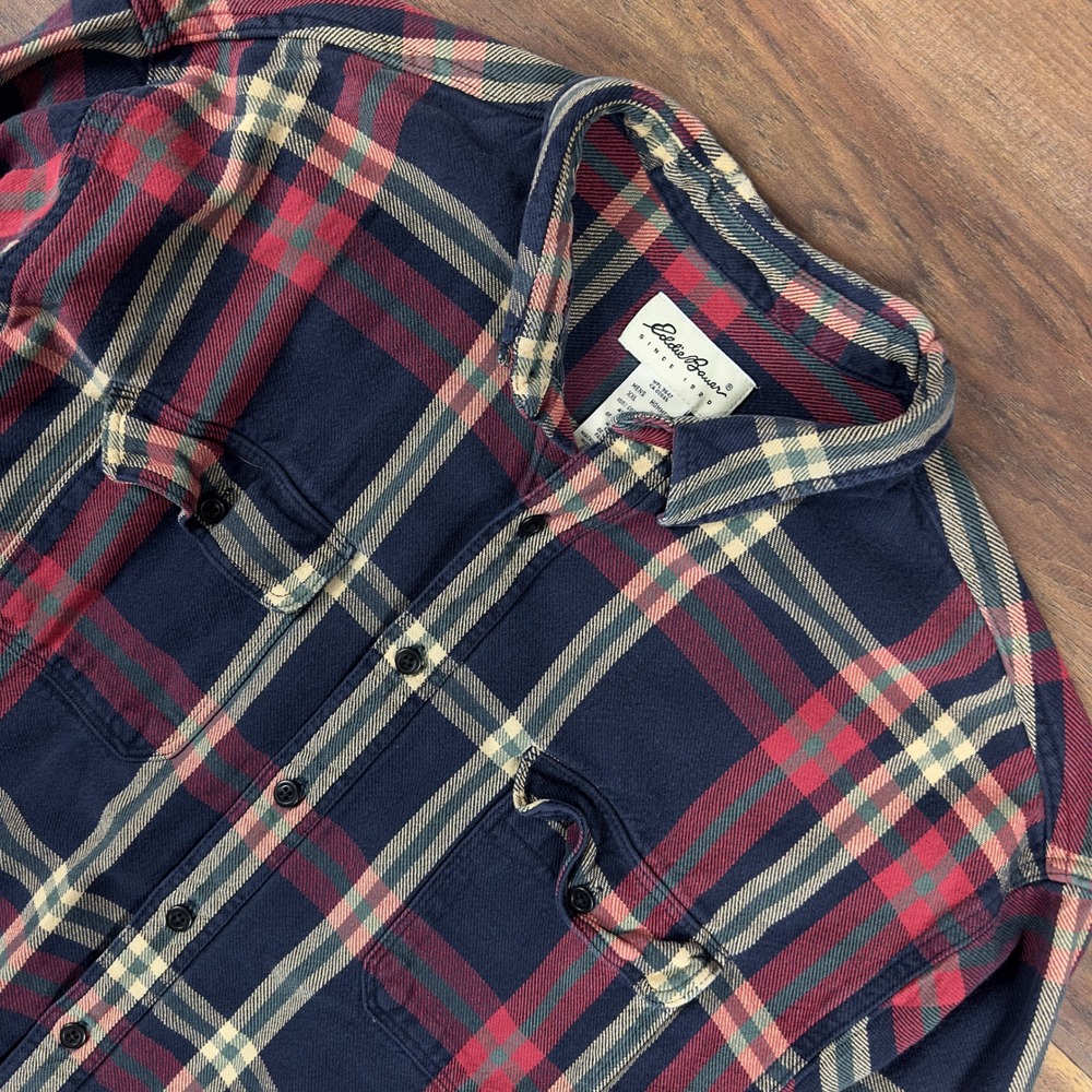 Vintage 90s Eddie Bauer Mens XXL Flannel Shirt Long Sleeve Plaid Navy Red Cotton